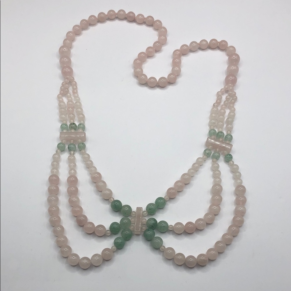 Pink rose quarz bead green aventurine drape statement fairy tail necklace